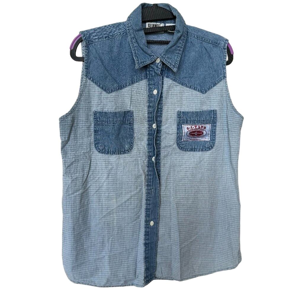 90s Gitano Denim Vest Gingham Sleeveless Picnic Boho Casual Vintage Academia